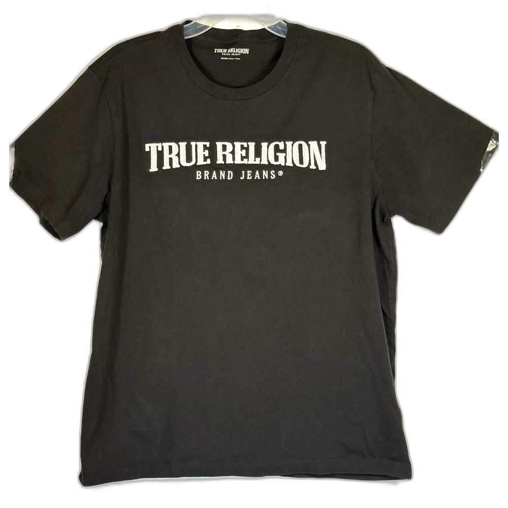True Religion Brand Jeans T Shirt Men 2XL Black Spellout Logo Cotton Y2K Tee